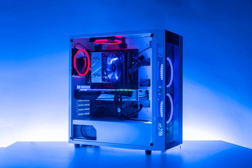Gaming PC with liquid cooling and RGB lighting